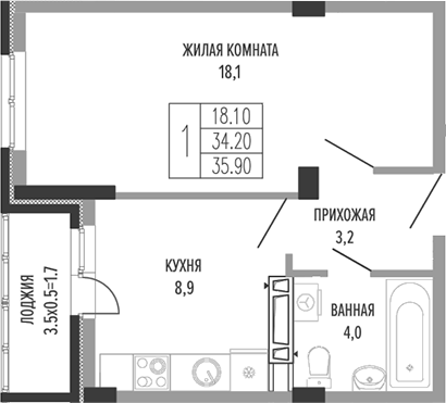 1-комн., 34.2 м², 2/4 этаж, ЖК «Екатерининский парк»