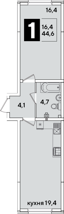 2-комн., 44.6 м², 2/16 этаж, ЖК «Самолет»