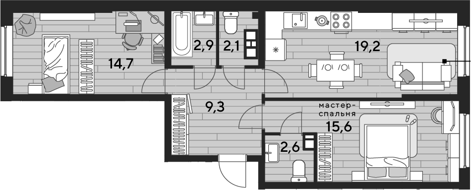 2-комн., 66.4 м², 5/16 этаж, ЖК «DОГМА ПАРК»