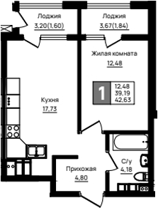 1-комн., 39.19 м², 10/18 этаж, ЖК «Резиденция морей»