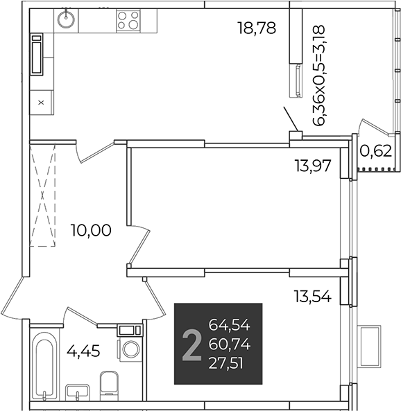 2-комн., 60.74 м², 18/21 этаж, ЖК «Образцово»