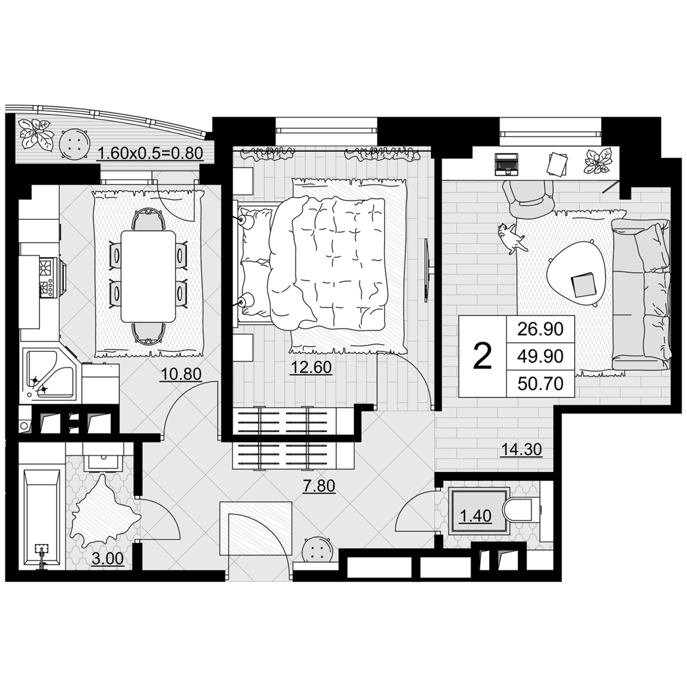 2-комн., 49.9 м², 2/9 этаж, ЖК «Песчаный»