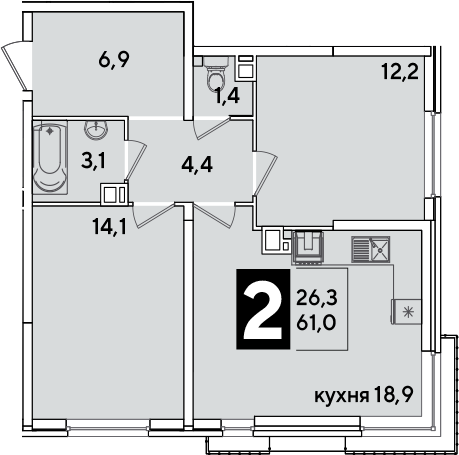 3-комн., 61 м², 7/16 этаж, ЖК «Самолет»