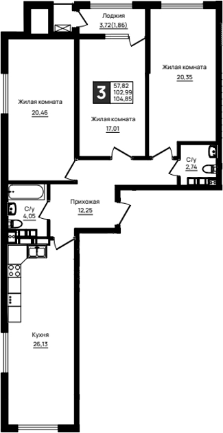 3-комн., 102.99 м², 11/18 этаж, ЖК «Резиденция морей»