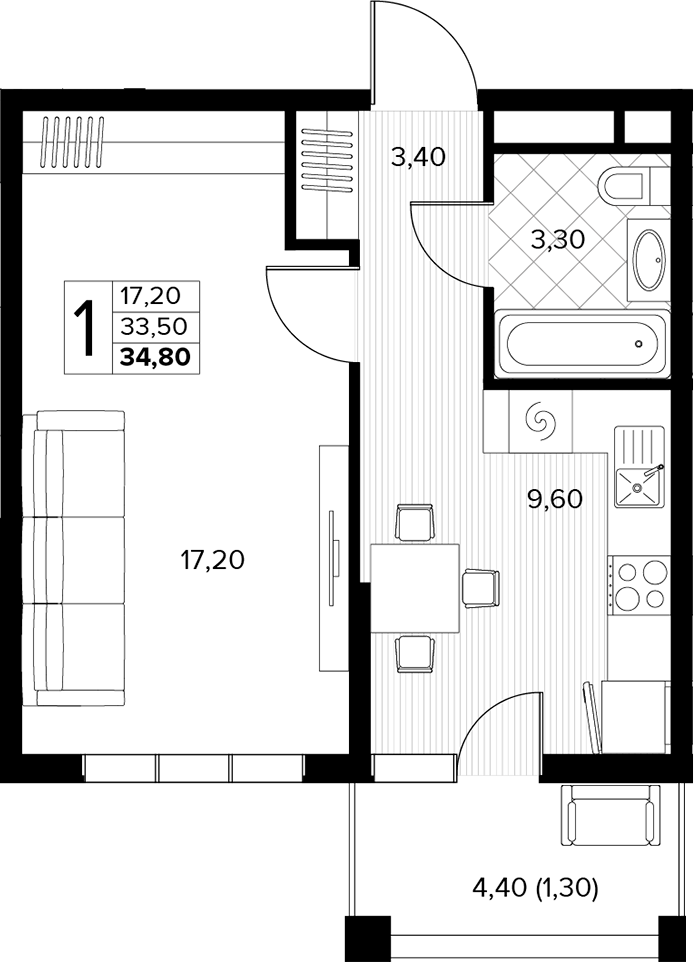1-комн., 33.5 м², 6/8 этаж, ЖК «Кипарис»