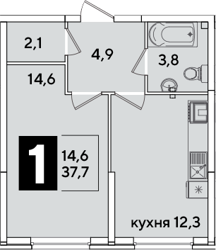 1-комн., 37.7 м², 2/16 этаж, ЖК «Самолет»