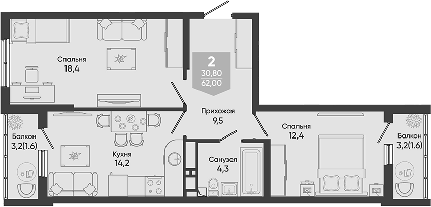 2-комн., 58.8 м², 3/24 этаж, ЖК «Облака»