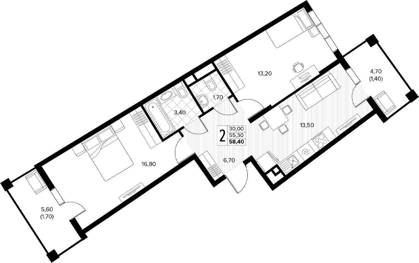 2-комн., 55.3 м², 5/8 этаж, ЖК «Кипарис»