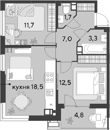 3-комн., 54.7 м², 9/9 этаж, ЖК «Парк Победы»