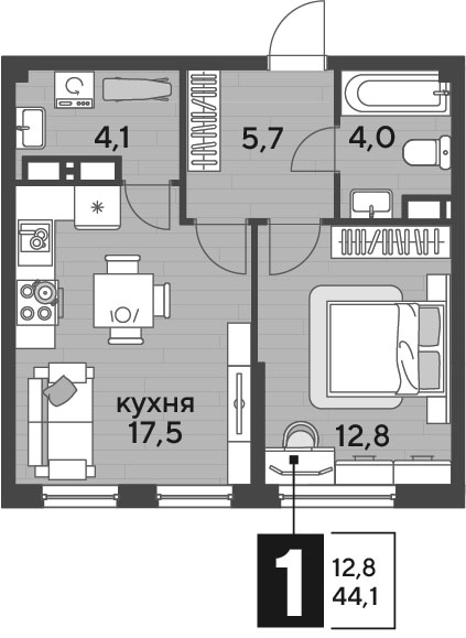 1-комн., 44.1 м², 12/16 этаж, ЖК «DОГМА ПАРК»