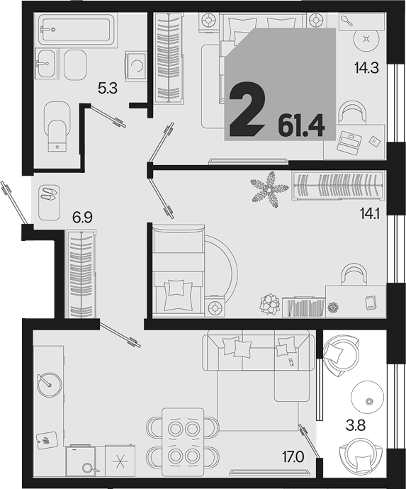 Продается 2-комн. квартира, 57.6 м²