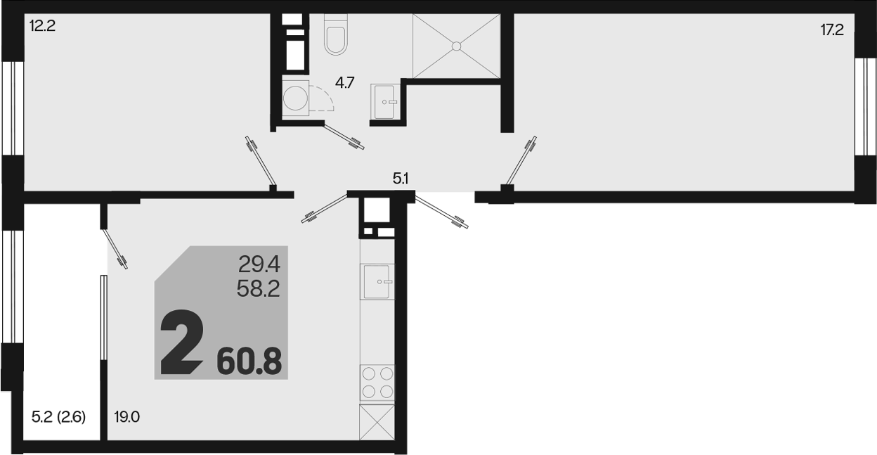 3-комн., 58.2 м², 8/18 этаж, ЖК «Первое место»