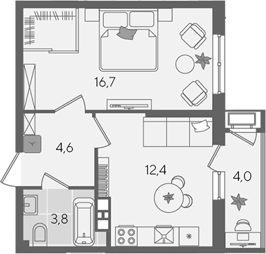 1-комн., 37.5 м², 7/24 этаж, ЖК «Рекорд»