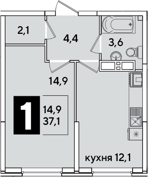 1-комн., 37.1 м², 13/16 этаж, ЖК «Самолет»