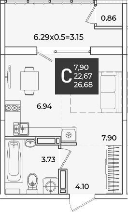 Студия, 22.67 м², 15/18 этаж, ЖК «Образцово»