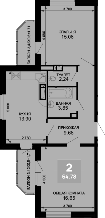 2-комн., 61.36 м², 8/19 этаж, ЖК «Лучший»