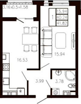 1-комн., 40.22 м², 9/9 этаж, ЖК «Суворов»