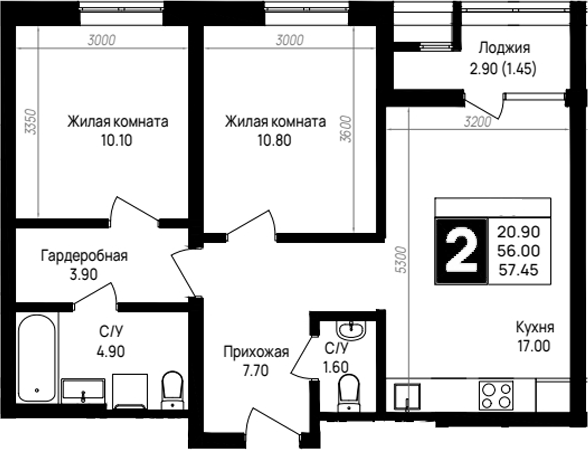 2-комн., 56 м², 7/9 этаж, ЖК «На высоком берегу»