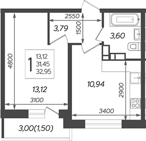 1-комн., 31.45 м², 16/16 этаж, ЖК «Смородина»