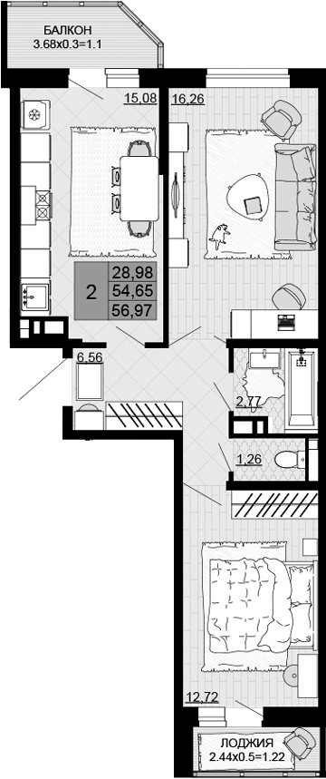 2-комн., 54.65 м², 9/12 этаж, ЖК «Дружба»