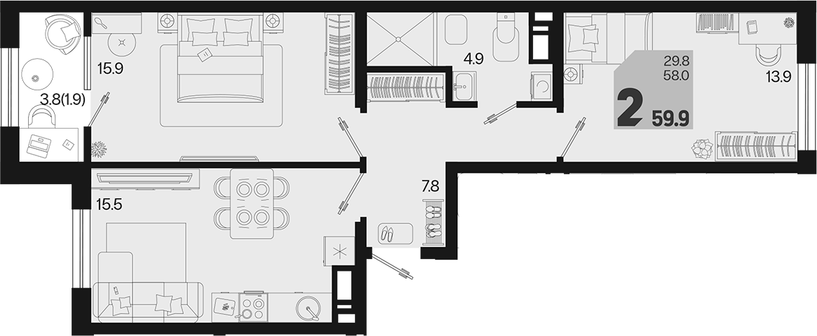 2-комн., 58 м², 6/9 этаж, ЖК «Первое место»