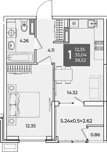 1-комн., 35.04 м², 18/18 этаж, ЖК «Образцово»