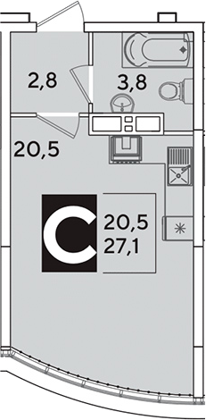 Студия, 27.1 м², 16/16 этаж, ЖК «Самолет»