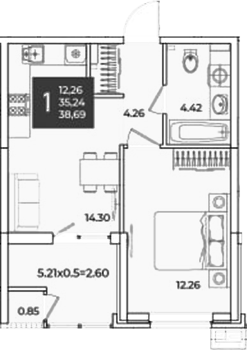 1-комн., 35.24 м², 2/18 этаж, ЖК «Образцово»