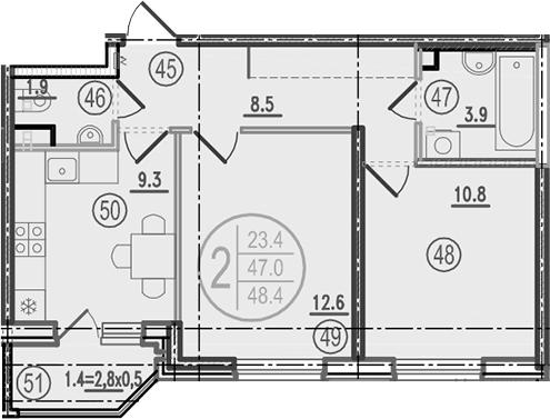 2-комн., 47 м², 1/9 этаж, ЖК «Спортивная деревня»