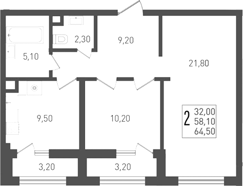Продается 2-комн. квартира, 58.1 м²