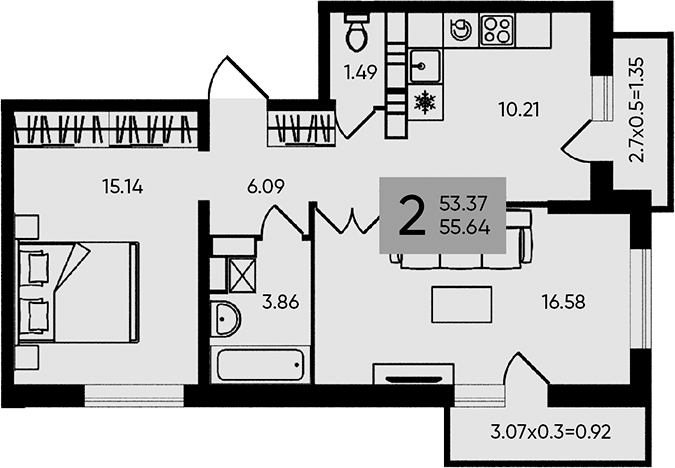 2-комн., 53.37 м², 17/17 этаж, ЖК «Сармат»