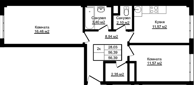 2-комн., 56.39 м², 1/12 этаж, ЖК «Южный парк. СЗ Корона»