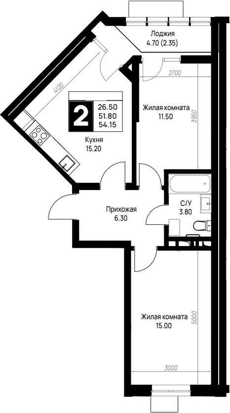 2-комн., 51.8 м², 10/12 этаж, ЖК «На высоком берегу»
