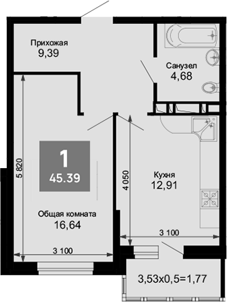 Продается 1-комн. квартира, 43.62 м²