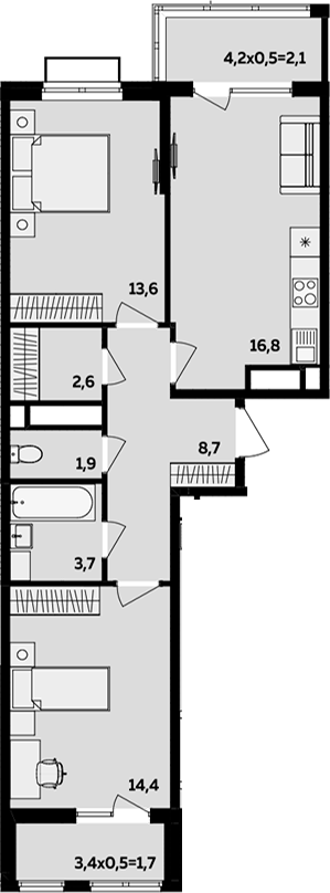 3-комн., 61.7 м², 13/16 этаж, ЖК «МегаСити»