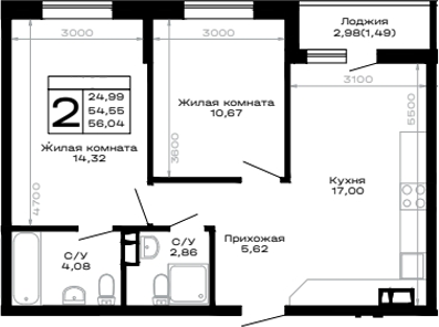 2-комн., 54.55 м², 3/16 этаж, ЖК «Горные высоты»