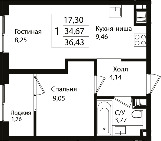 2-комн., 34.67 м², 11/16 этаж, ЖК «Патрики»