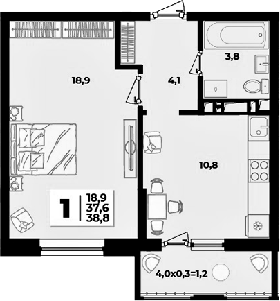 1-комн., 37.6 м², 4/9 этаж, ЖК «Лето»