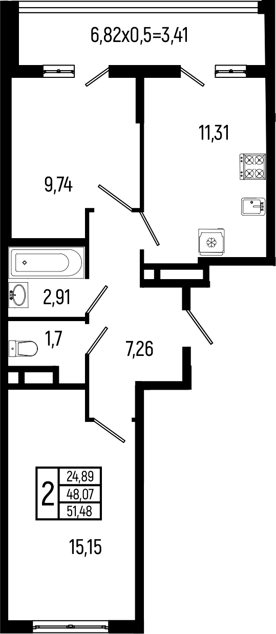 2-комн., 48.07 м², 2/9 этаж, ЖК «Ботаника Хиллс»