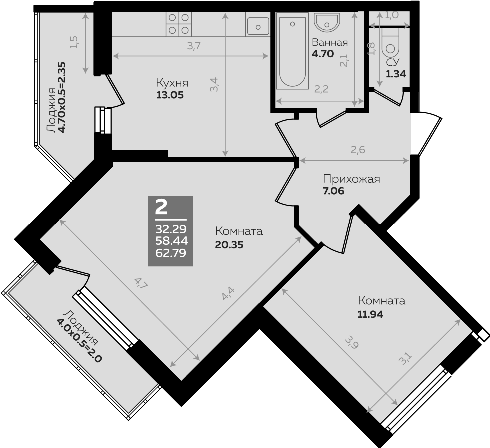 2-комн., 54.35 м², 2/24 этаж, ЖК «Левада»