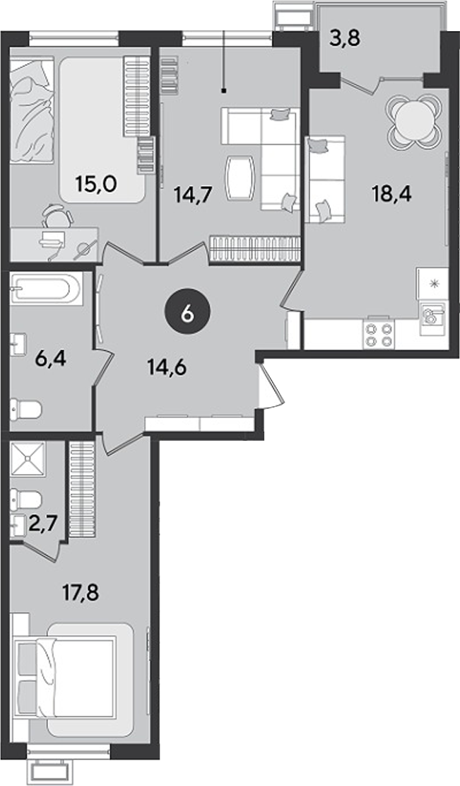 3-комн., 89.6 м², 2/9 этаж, ЖК «Парк Победы»