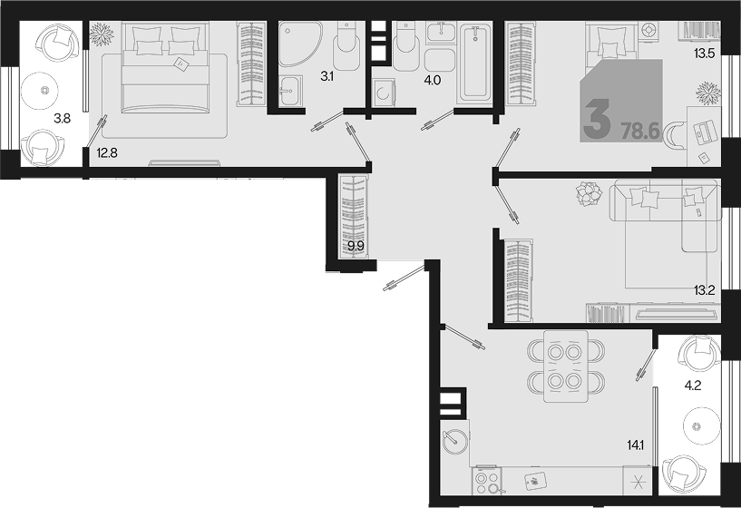 3-комн., 70.6 м², 4/9 этаж, ЖК «Первое место»