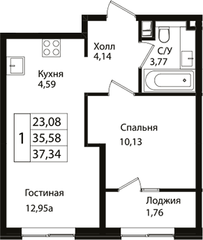 2-комн., 35.58 м², 17/18 этаж, ЖК «Патрики»