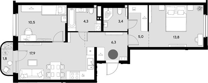 3-комн., 61.2 м², 9/9 этаж, ЖК «Грейд»