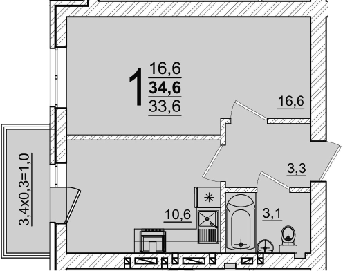 1-комн., 33.6 м², 5/5 этаж, ЖК «Дарград»