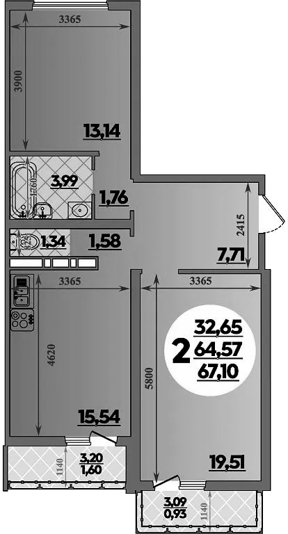 2-комн., 64.57 м², 7/16 этаж, ЖК «Город у моря»