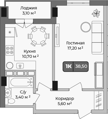 1-комн., 36.95 м², 3/9 этаж, ЖК «Опера»