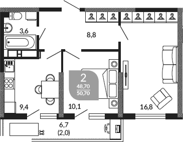 2-комн., 48.7 м², 23/23 этаж, ЖК «Облака»