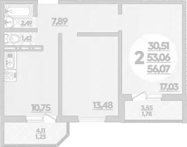 2-комн., 53.06 м², 9/16 этаж, ЖК «Восточный. Квартал №6»