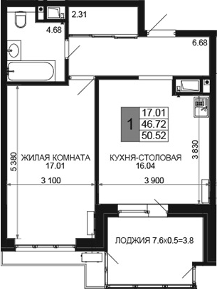2-комн., 46.72 м², 14/16 этаж, ЖК «Сегодня»